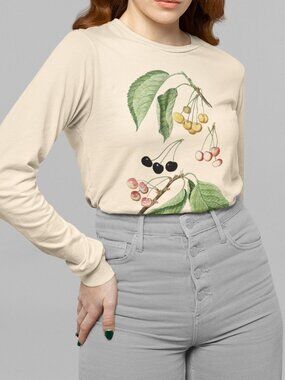 Wild Cherry Vintage Botanical Print Long Sleeve Graphic Tee T-shirt S-XXL